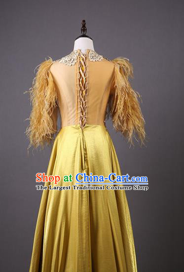 Top Grade Party Compere Yellow Feather Full Dress Catwalks Modern Dance Costume