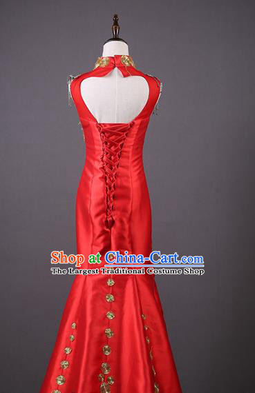 Top Grade Wedding Bride Red Satin Full Dress Catwalks Stage Show Compere Costume