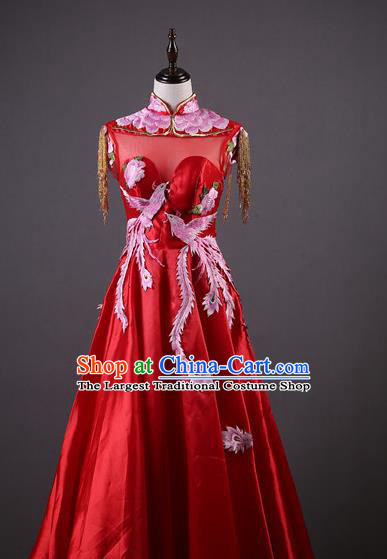 Top Grade Annual Meeting Catwalks Compere Costume Embroidered Phoenix Red Satin Full Dress