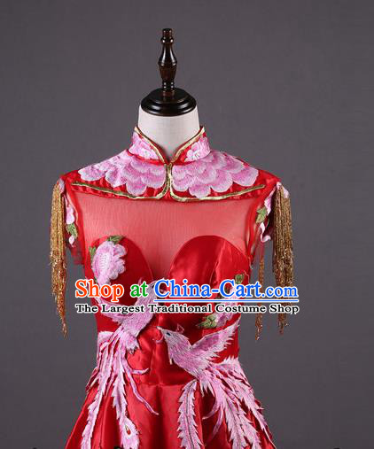 Top Grade Annual Meeting Catwalks Compere Costume Embroidered Phoenix Red Satin Full Dress