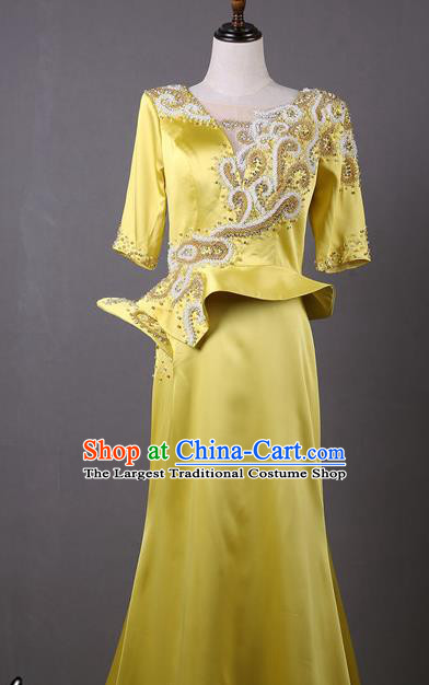 Top Grade Compere Yellow Satin Full Dress Modern Dance Stage Show Costume