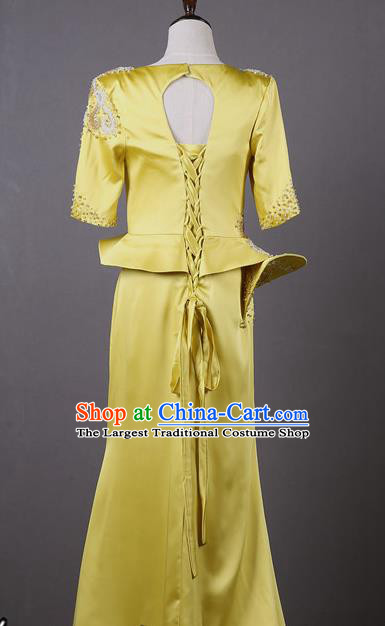 Top Grade Compere Yellow Satin Full Dress Modern Dance Stage Show Costume