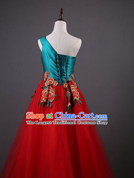 China Style Annual Meeting Compere Costume Embroidered Peony Red Veil Full Dress