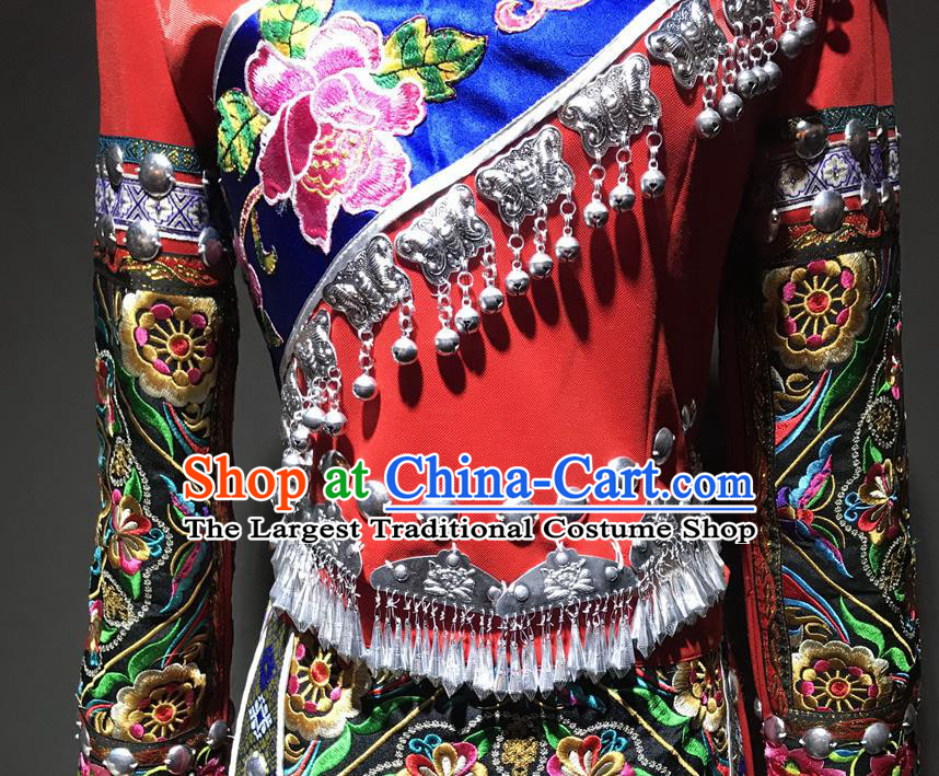 Chinese Miao Nationality Wedding Bride Costumes Hmong Ethnic Minority Stage Performance Red Dress and Silver Hat