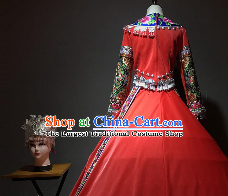 Chinese Miao Nationality Wedding Bride Costumes Hmong Ethnic Minority Stage Performance Red Dress and Silver Hat