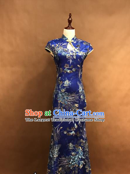 Professional Catwalks Stage Show Cheongsam Costume Shanghai Beauty Blue Qipao Dress