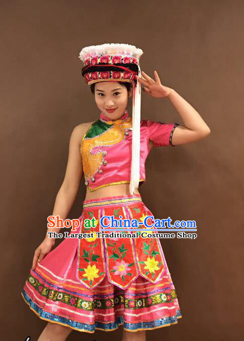 Chinese Zhuang Nationality Young Lady Costumes Ethnic Minority Folk Dance Pink Outfits and Hat
