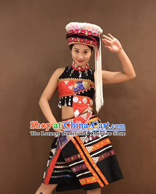 Chinese Zhuang Nationality Folk Dance Costumes Ethnic Minority Stage Performance Black Outfits and Hat