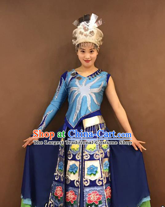 Chinese Yi Nationality Wedding Bride Costumes Ethnic Minority Young Lady Blue Outfits and Headwear