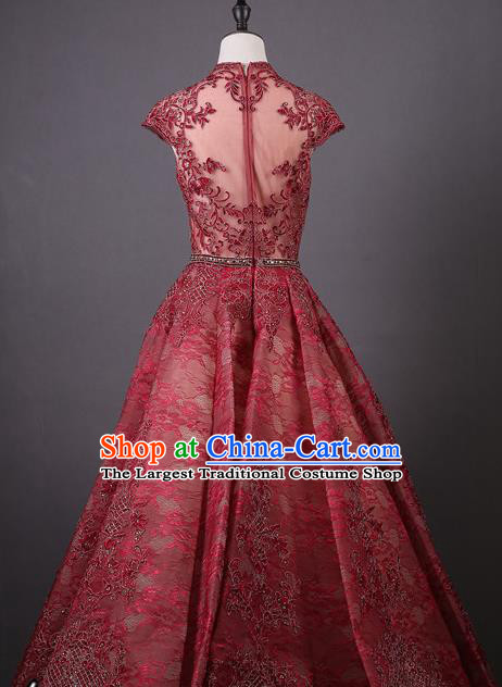 Top Grade Wedding Compere Costume Ballroom Dance Wine Red Lace Full Dress