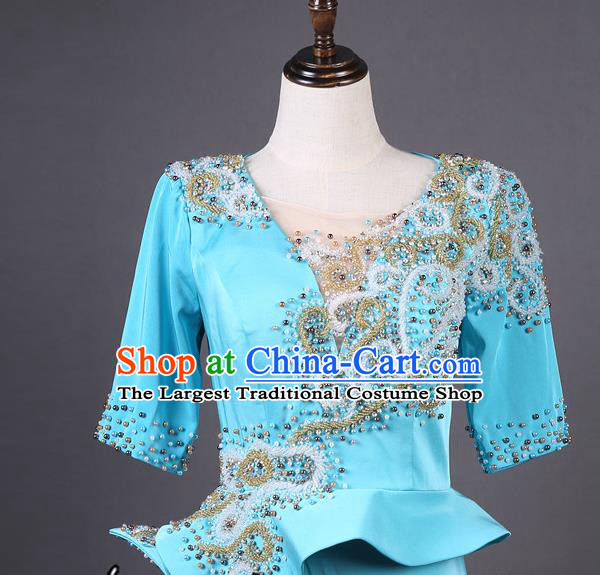 Top Grade Compere Blue Satin Middle Sleeve Full Dress Ballroom Dance Stage Show Costume
