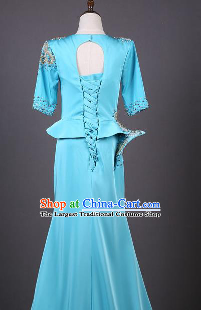 Top Grade Compere Blue Satin Middle Sleeve Full Dress Ballroom Dance Stage Show Costume