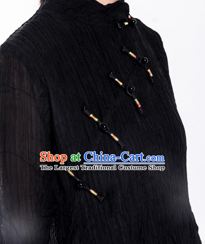 Chinese National Black Tencel Qipao Dress Traditional Zen Clothing Slant Opening Cheongsam