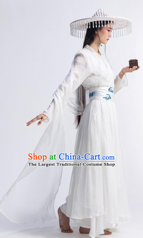 Chinese Traditional Zen Clothing Classical Dance Costume National White Chiffon Qipao Dress