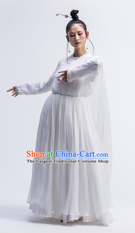 Chinese Traditional Zen Clothing Classical Dance Costume National White Chiffon Qipao Dress