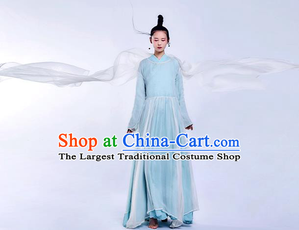 Chinese Classical Dance Costume National Light Blue Qipao Dress Traditional Zen Clothing