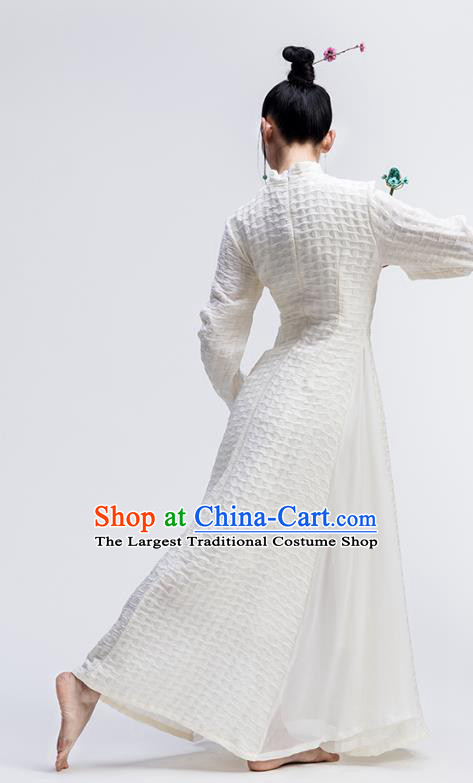 Chinese National White Flax Qipao Dress Traditional Zen Cheongsam Clothing Classical Dance Costume