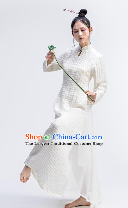 Chinese National White Flax Qipao Dress Traditional Zen Cheongsam Clothing Classical Dance Costume