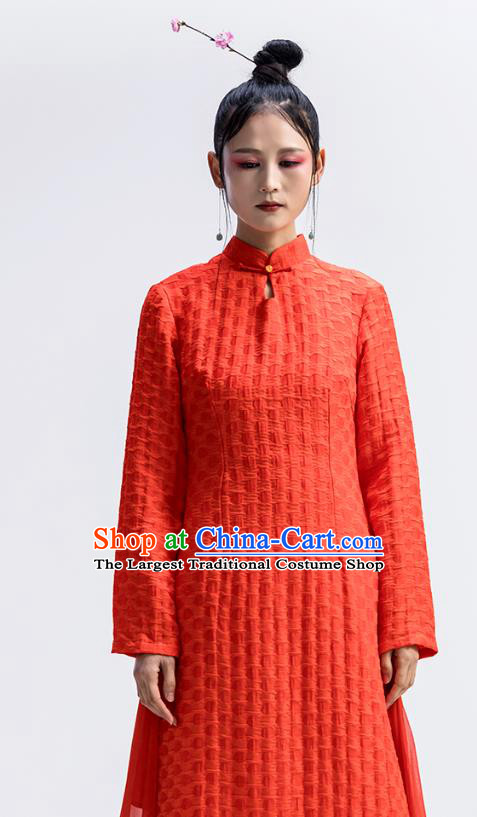 Chinese Traditional Zen Cheongsam Clothing Classical Dance Costume National Red Flax Qipao Dress