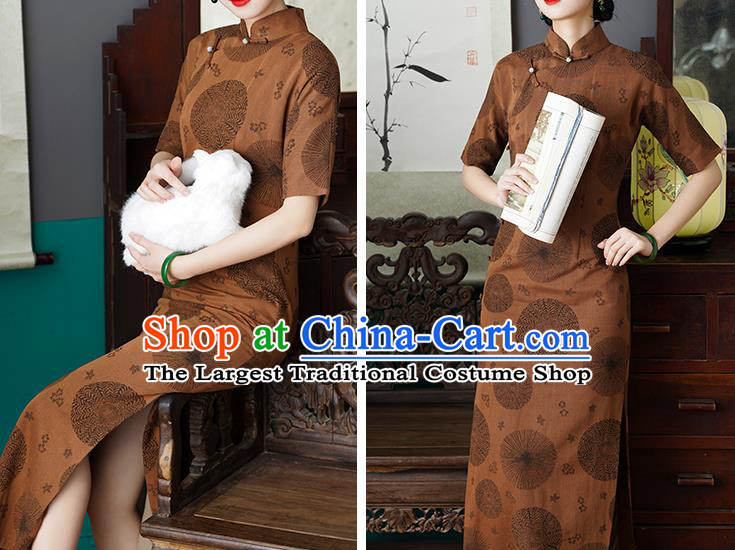 Chinese Traditional Jacquard Brown Flax Cheongsam National Shanghai Beauty Costume Slim Qipao Dress