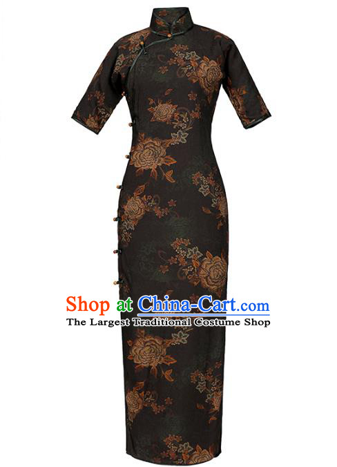 Chinese Slim Qipao Dress Traditional Printing Peony Black Tencel Cheongsam National Shanghai Beauty Costume