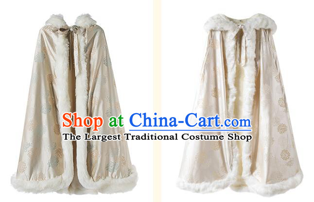 Chinese Traditional Winter Light Golden Satin Long Cape Ancient Princess Cloak Clothing
