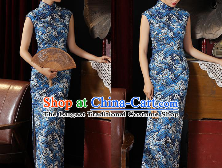 Chinese Classical Wave Pattern Qipao Dress National Young Lady Costume Traditional Blue Cheongsam