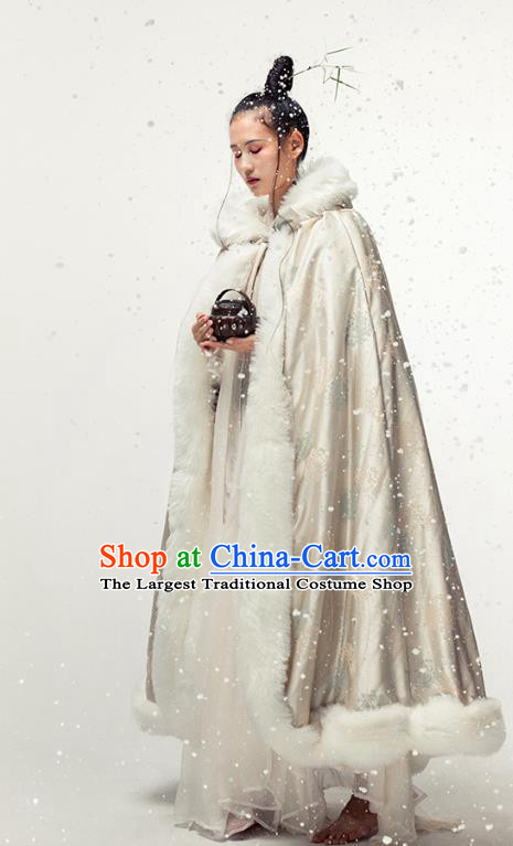 Chinese Traditional Winter Light Golden Satin Long Cape Ancient Princess Cloak Clothing