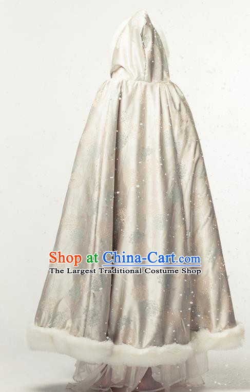 Chinese Traditional Winter Light Golden Satin Long Cape Ancient Princess Cloak Clothing