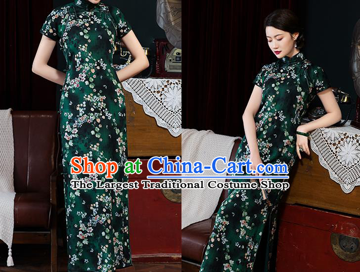 Chinese National Woman Costume Traditional Shanghai Cheongsam Classical Printing Flowers Deep Green Ramine Qipao Dress
