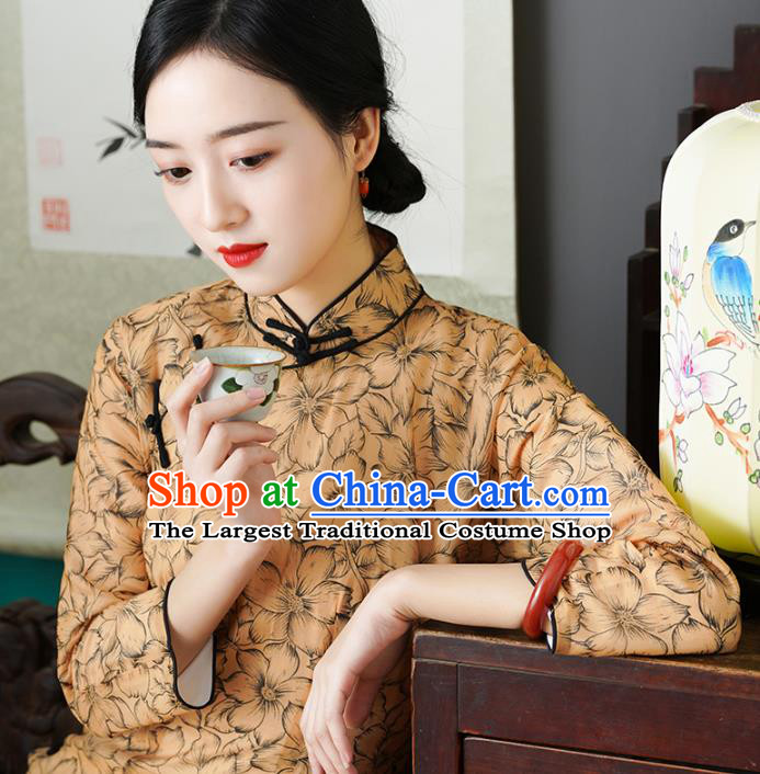 Chinese Traditional Shanghai Cheongsam Classical Printing Golden Tencel Qipao Dress National Woman Costume