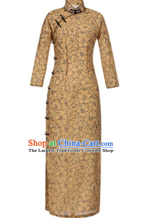 Chinese Traditional Shanghai Cheongsam Classical Printing Golden Tencel Qipao Dress National Woman Costume