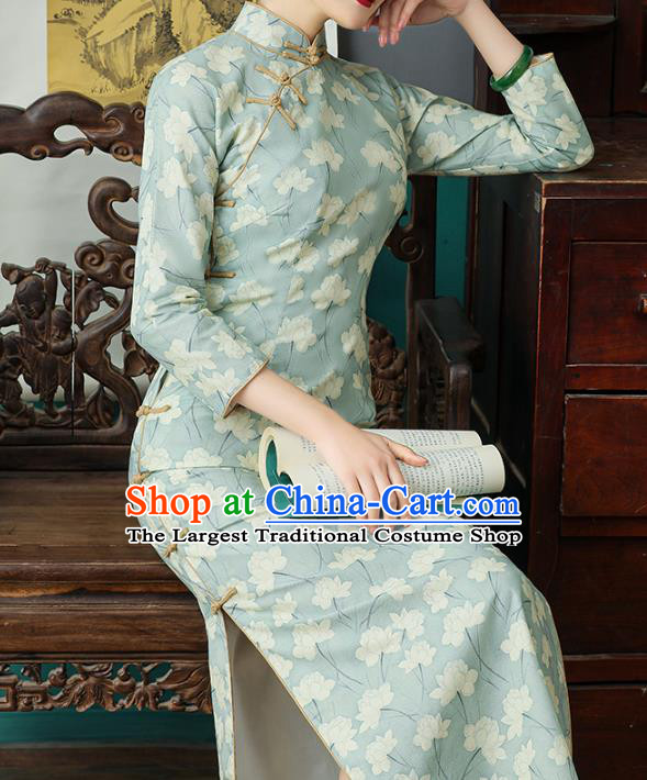 Chinese Traditional Young Lady Cheongsam National Woman Costume Classical Light Green Ramine Qipao Dress