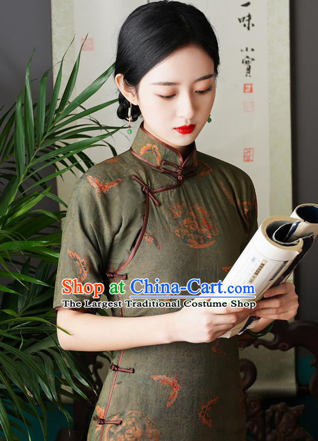 Chinese Traditional Printing Butterfly Cheongsam National Woman Silk Costume Classical Gambiered Guangdong Gauze Qipao Dress