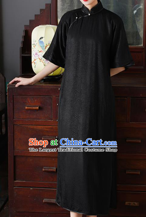 Chinese Traditional Stand Collar Cheongsam National Woman Costume Classical Black Silk Qipao Dress