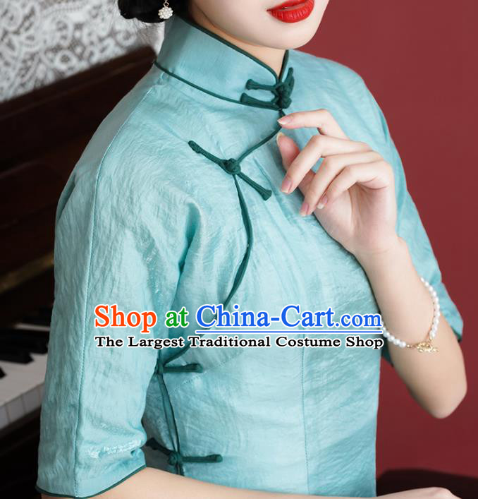 Chinese Classical Blue Tencel Qipao Dress Traditional Old Shanghai Cheongsam National Woman Costume