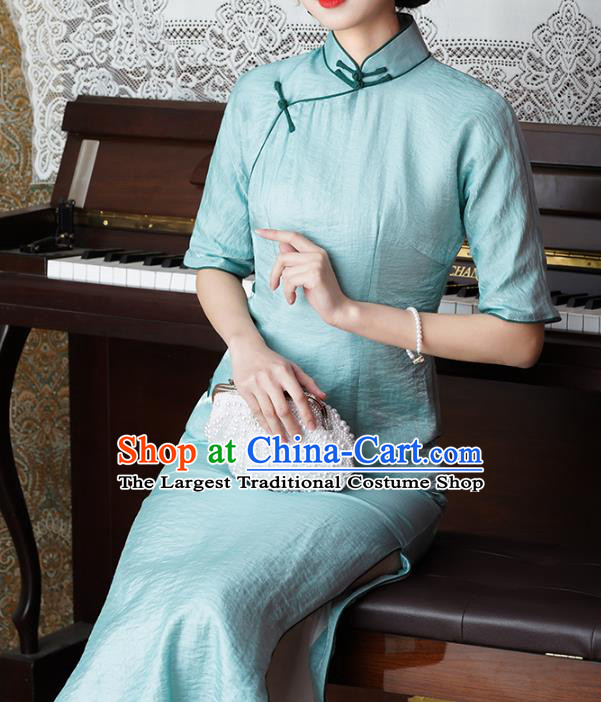 Chinese Classical Blue Tencel Qipao Dress Traditional Old Shanghai Cheongsam National Woman Costume