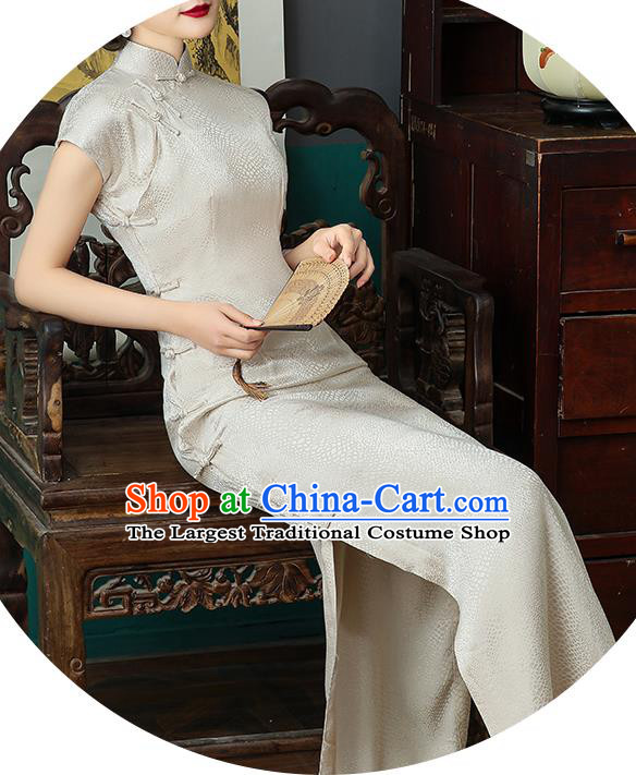 Chinese National Costume Beige Tencel Qipao Dress Traditional Slim Cheongsam Clothing