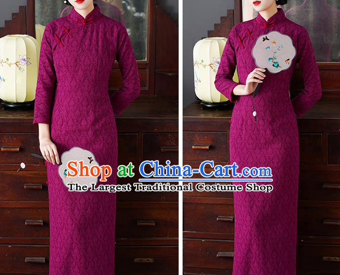Chinese Traditional Jacquard Rosy Cheongsam National Young Lady Costume Classical Qipao Dress