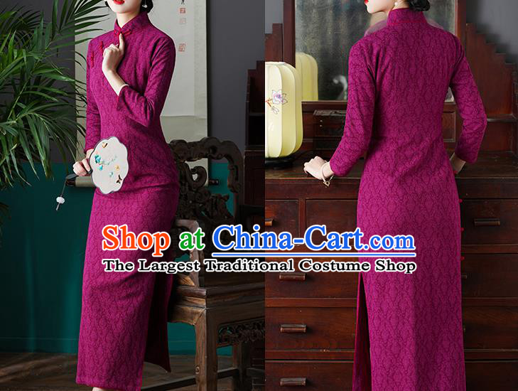 Chinese Traditional Jacquard Rosy Cheongsam National Young Lady Costume Classical Qipao Dress