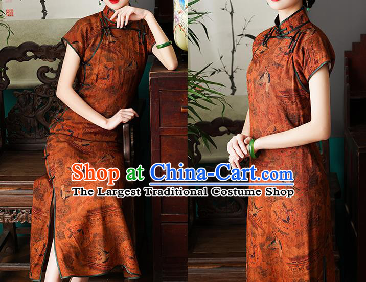 Chinese Traditional Printing Orange Cheongsam National Young Lady Costume Classical Tencel Qipao Dress