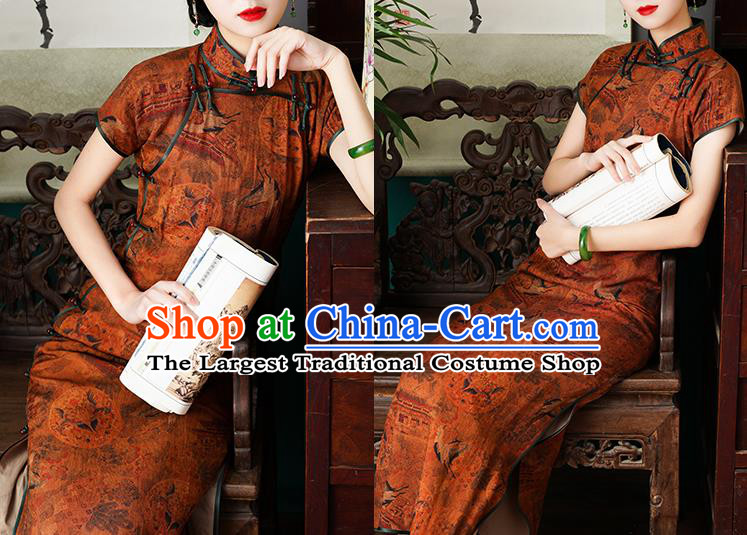 Chinese Traditional Printing Orange Cheongsam National Young Lady Costume Classical Tencel Qipao Dress