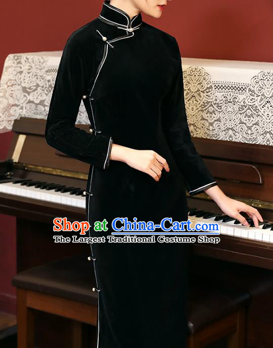 Chinese Traditional Black Velvet Cheongsam Classical Qipao Dress National Shanghai Woman Costume