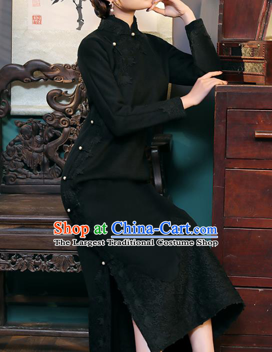 Chinese Classical Lace Qipao Dress National Shanghai Woman Costume Traditional Black Woolen Cheongsam
