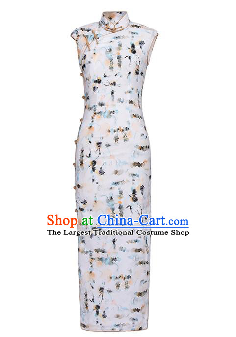 Chinese Classical Stand Collar Qipao Dress National Tang Suit Costume Traditional Ink Painting Lotus White Cheongsam