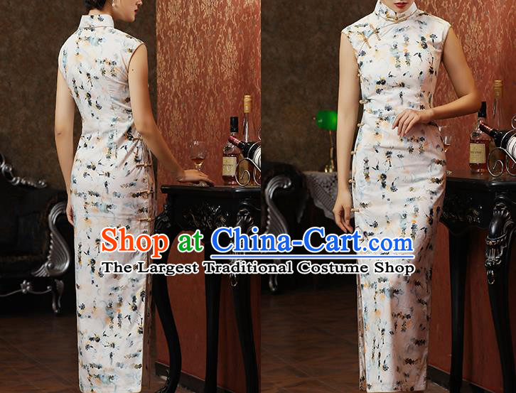Chinese Classical Stand Collar Qipao Dress National Tang Suit Costume Traditional Ink Painting Lotus White Cheongsam