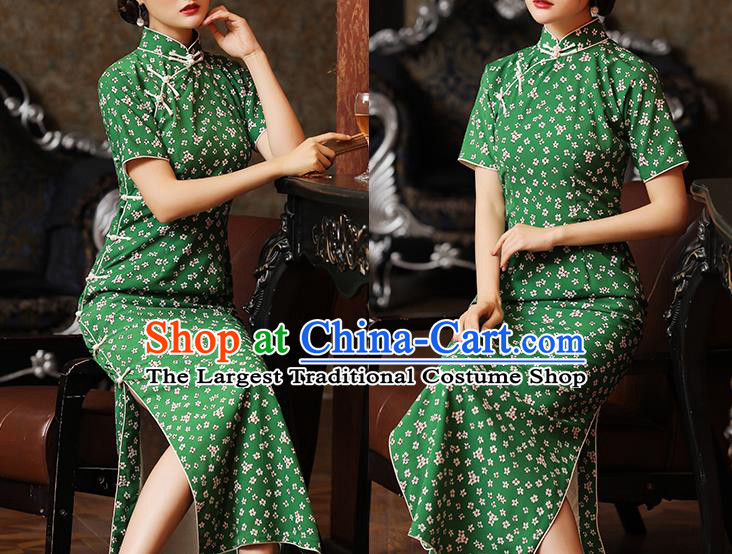 Chinese Traditional Printing Green Cheongsam Classical Qipao Dress National Civilian Lady Costume