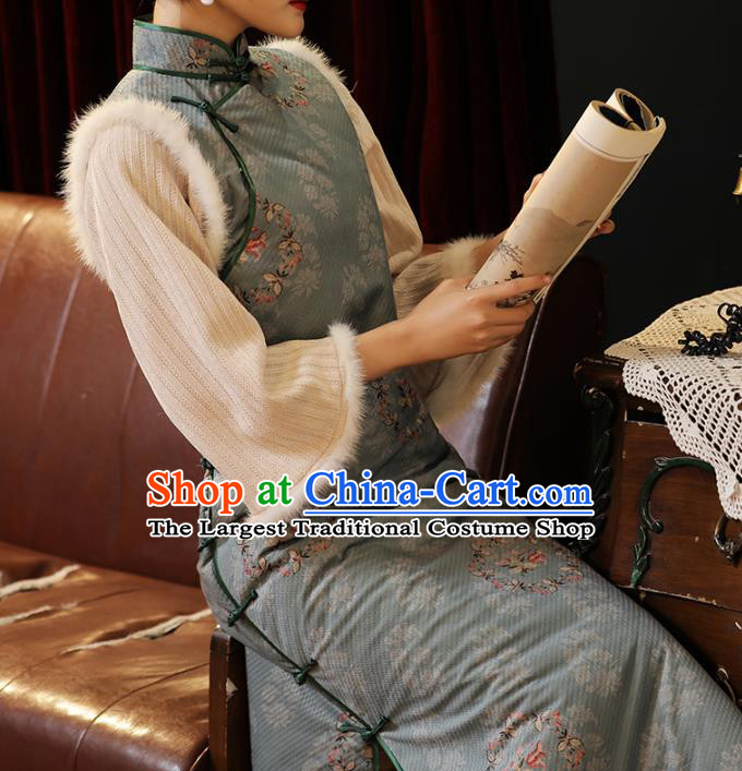 Chinese Classical Winter Qipao Dress National Shanghai Woman Costume Traditional Printing Cotton Wadded Cheongsam