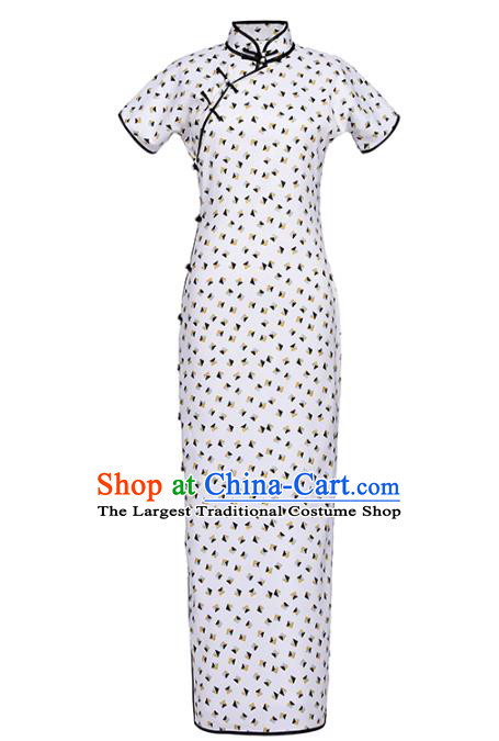 Chinese Classical White Chiffon Qipao Dress National Shanghai Costume Traditional Printing Cheongsam