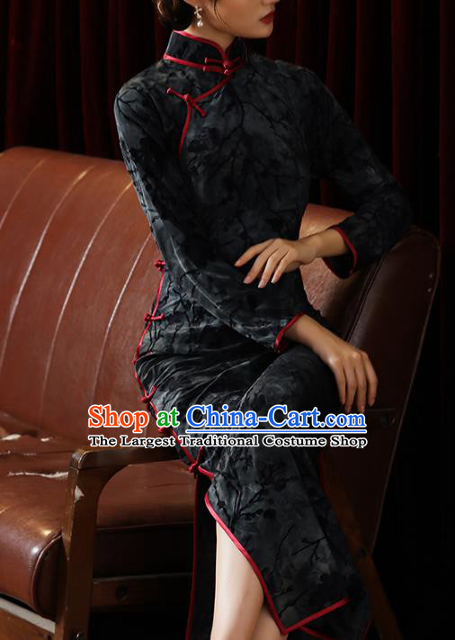 Chinese Classical Tie Dye Qipao Dress National Shanghai Costume Traditional Black Flocking Cheongsam